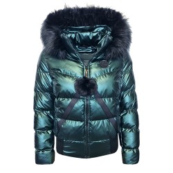 Дамско пухено яке с качулка, City Angels Jeans, тъмнозелен лак, 6844